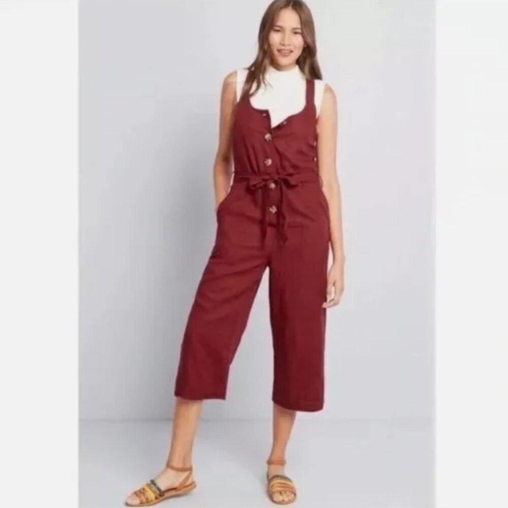 Modcloth Rich Red Linen Blend Button Front Cropped Jumper Overalls (XS) - Picture 1 of 8